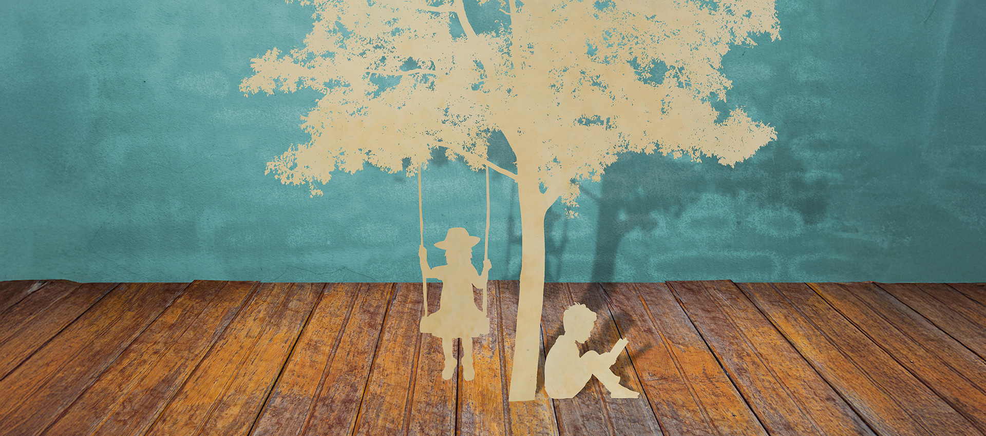 Paper cut of children read a book and  children on swing under tree